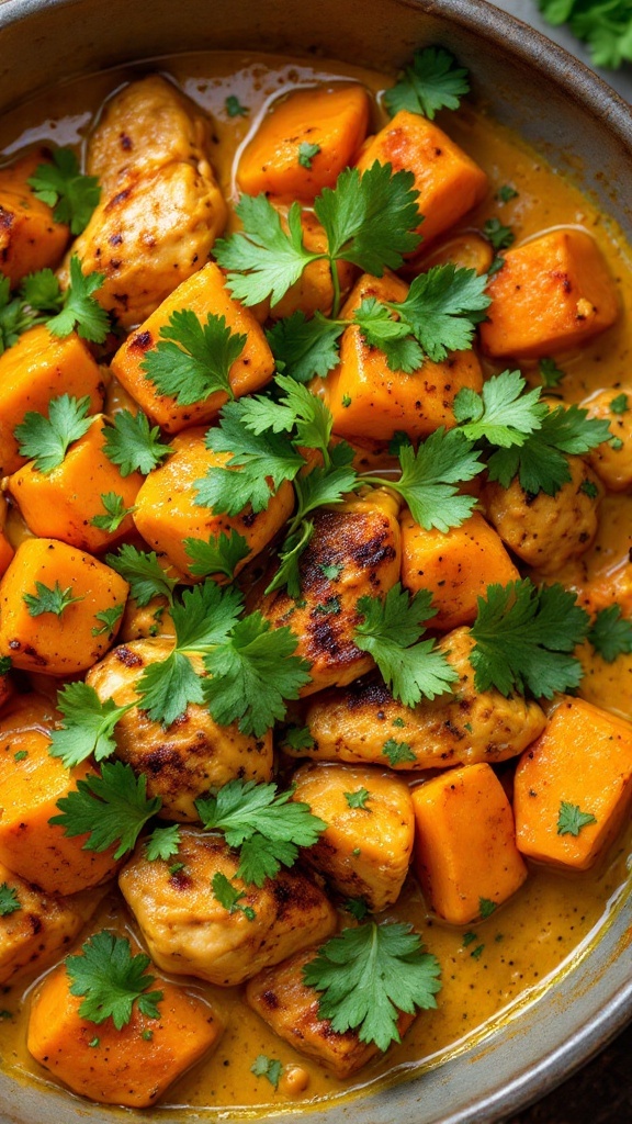 A bowl of coconut curry chicken with sweet potatoes garnished with fresh herbs.