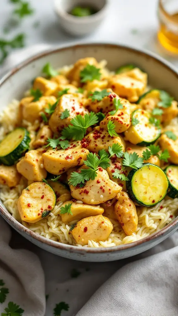 A bowl of coconut curry chicken with zucchini, garnished with cilantro.