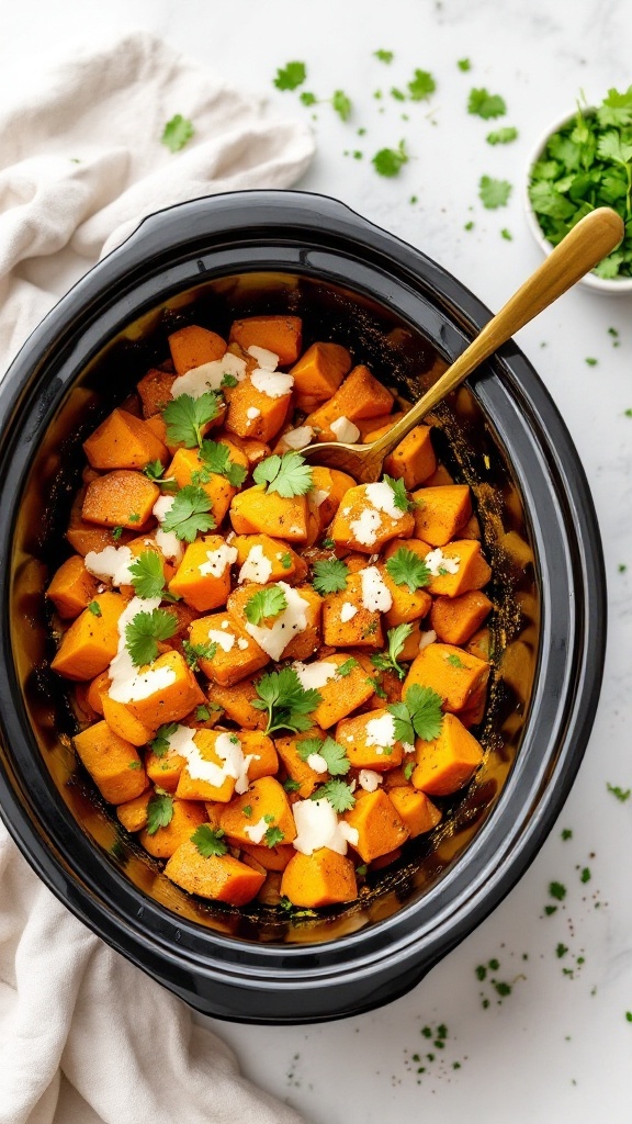 A delicious bowl of coconut curry sweet potatoes garnished with herbs.