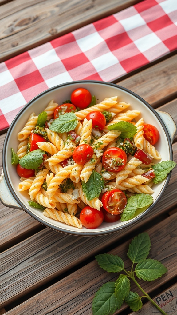 A bowl of cold pasta salad with cherry tomatoes and fresh basil on a wooden table.