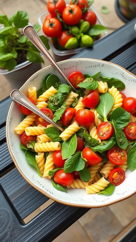 A bowl of cold pasta salad with pesto, cherry tomatoes, and spinach garnished with basil.