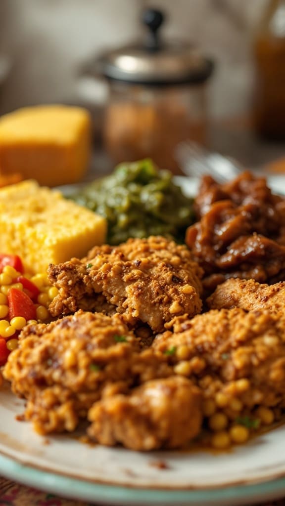 Delicious Southern fried chicken served with cornbread, collard greens, and other sides.