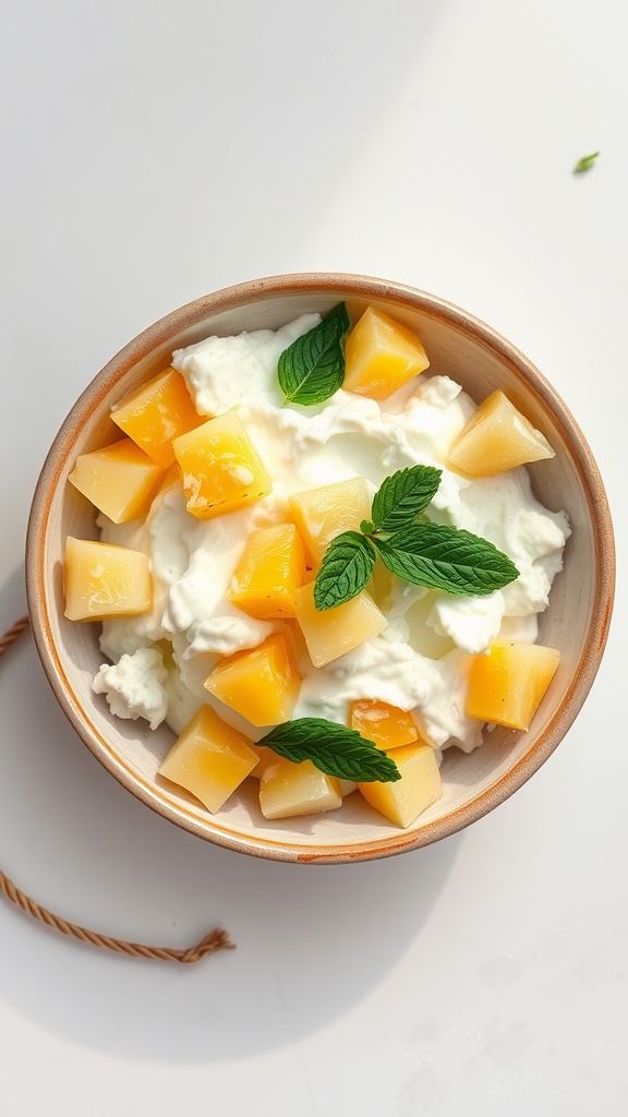 A bowl of cottage cheese topped with pineapple chunks and mint leaves.