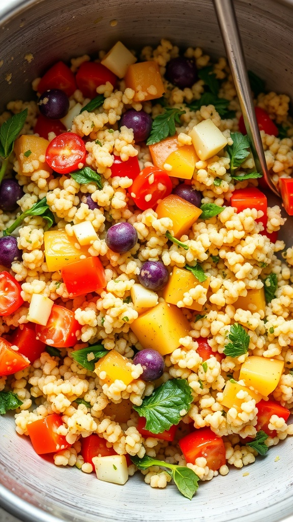 A bowl of couscous salad with colorful vegetables and lemon dressing.