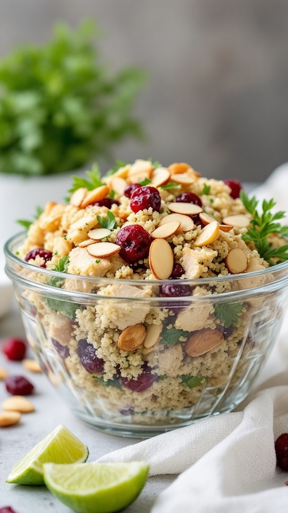 A vibrant bowl of cranberry almond chicken quinoa salad.