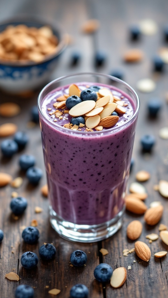 Creamy blueberry almond butter smoothie in a glass topped with blueberries and almond slices