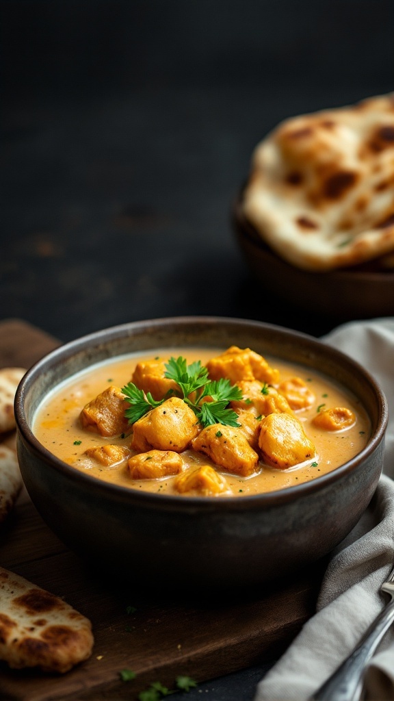 A bowl of creamy butter chicken tikka garnished with fresh herbs, served alongside naan bread.