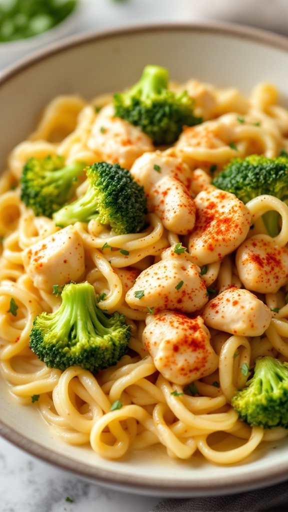 A bowl of creamy cauliflower chicken and broccoli Alfredo pasta.