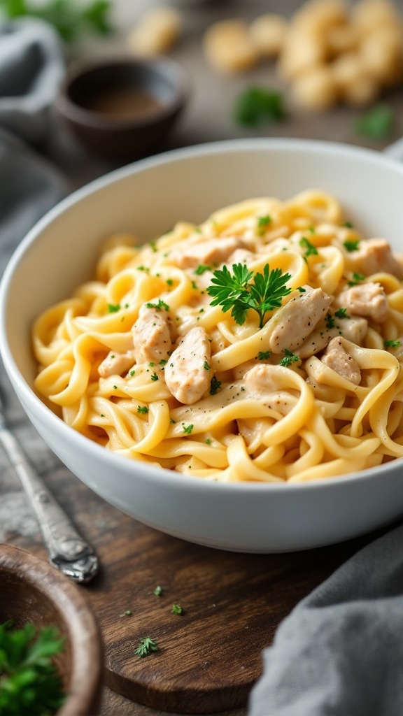 Creamy Chicken Alfredo Pasta in a bowl with parsley garnish