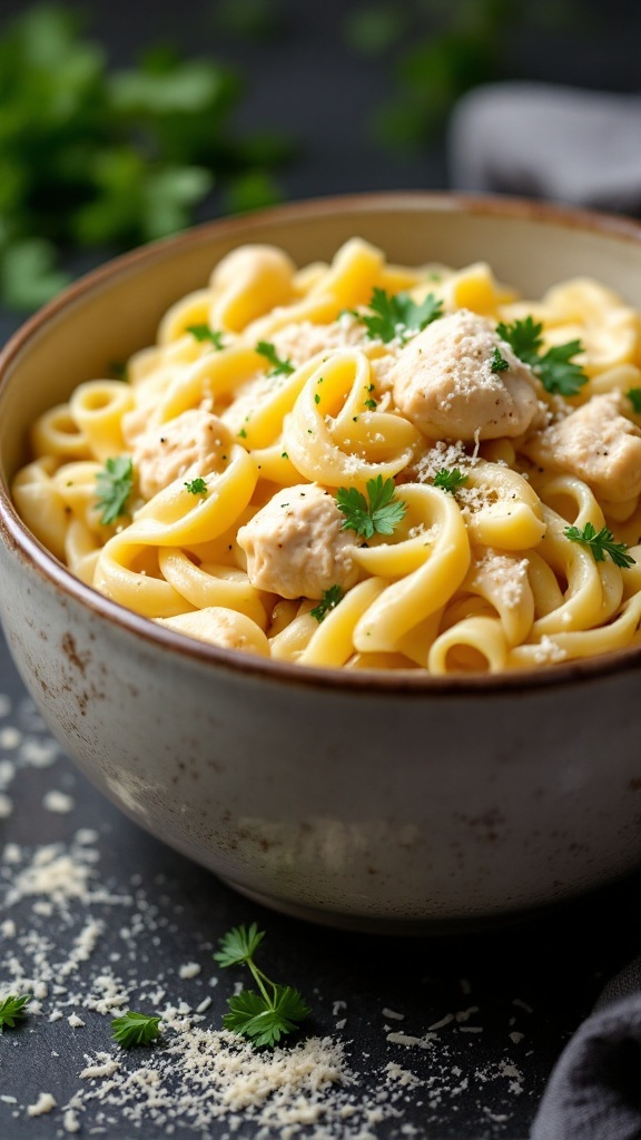 A bowl of creamy chicken Alfredo pasta garnished with parsley