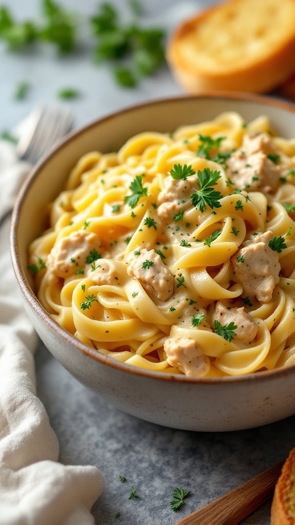 A bowl of creamy chicken alfredo pasta garnished with parsley.