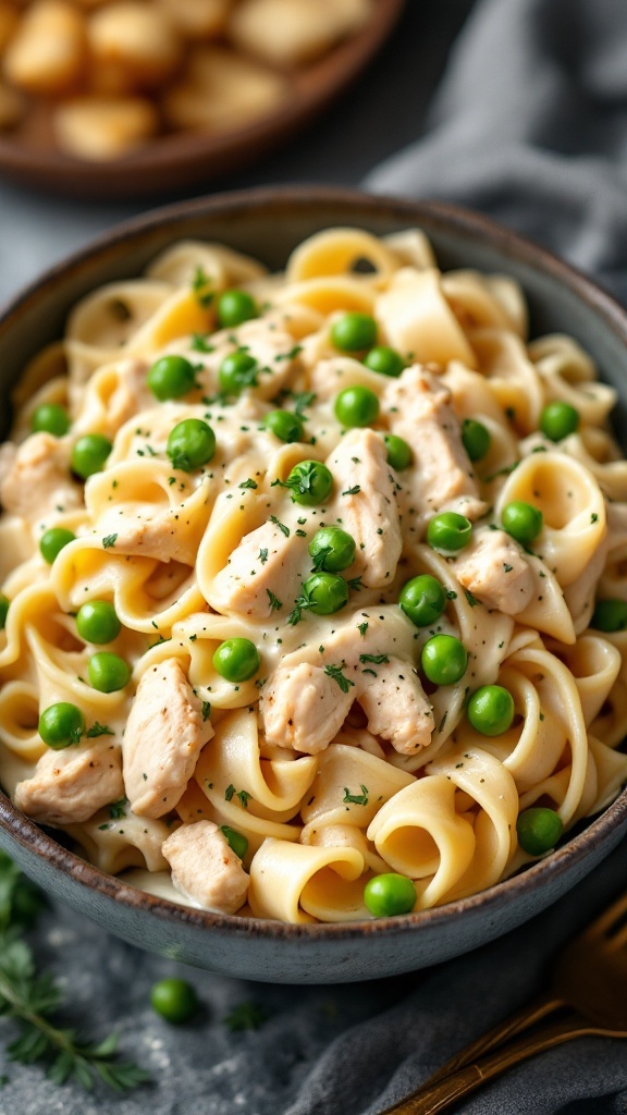 Creamy Chicken Alfredo with Peas served in a bowl