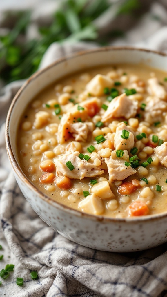 A bowl of creamy chicken and barley chowder topped with chives.