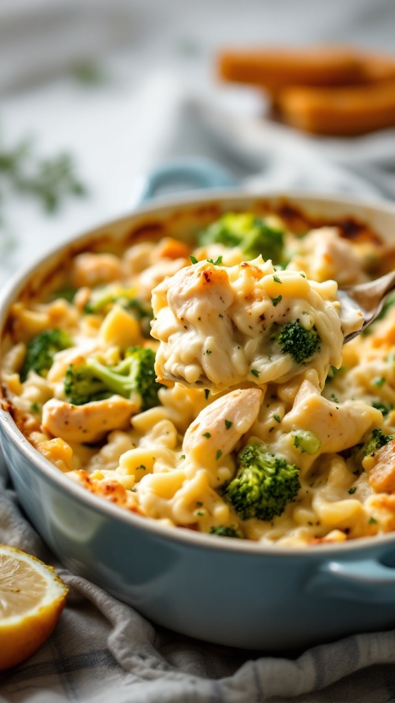 A creamy chicken and broccoli casserole with a golden breadcrumb topping.