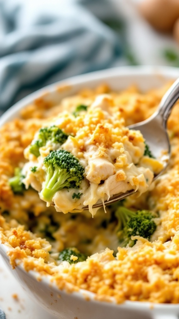 Creamy chicken and broccoli casserole with a crispy topping