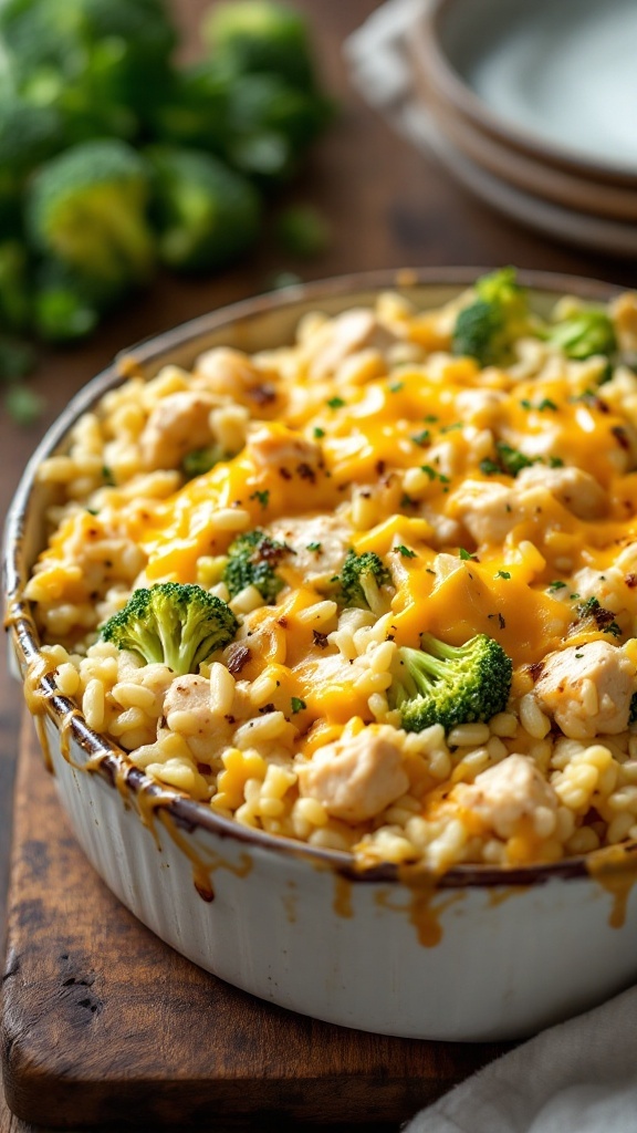 A creamy chicken and broccoli rice casserole in a baking dish, topped with cheese.