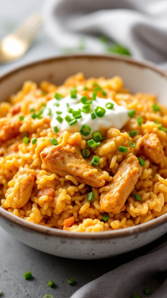 Creamy chicken and fajita rice casserole served in a bowl with chives and sour cream.