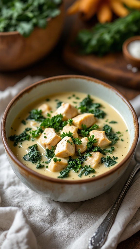 A bowl of creamy chicken and kale soup topped with parsley.