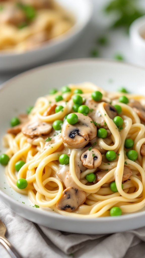 Creamy Chicken and Mushroom Alfredo with Peas served in a bowl