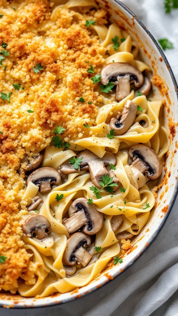 A creamy chicken and mushroom noodle bake topped with breadcrumbs.