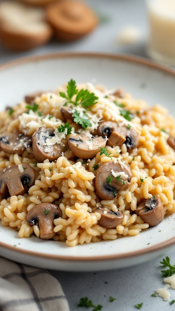 A bowl of creamy chicken and mushroom risotto topped with parsley