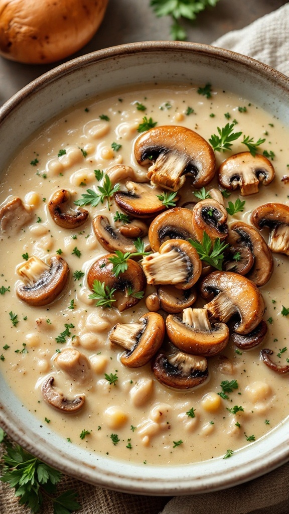 A bowl of creamy chicken and mushroom soup garnished with fresh parsley.