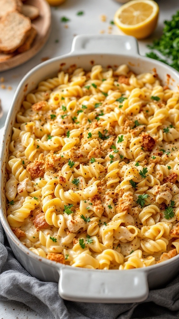 A creamy chicken and noodle casserole topped with breadcrumbs and parsley, served in a white baking dish.