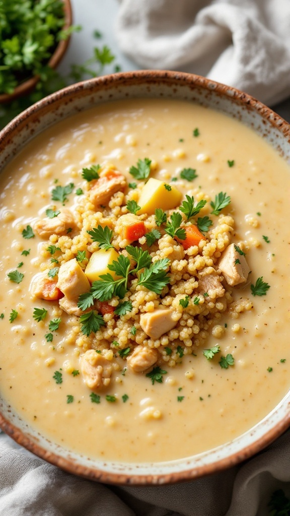 A bowl of creamy chicken and quinoa soup garnished with parsley and vegetables.