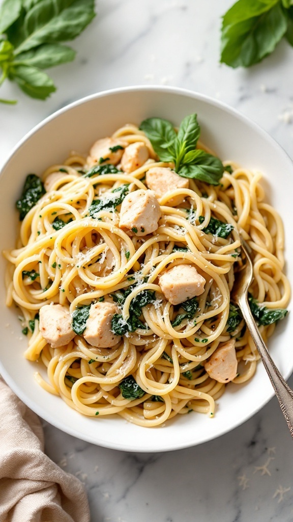 Creamy chicken and spinach pasta in a bowl, garnished with basil.