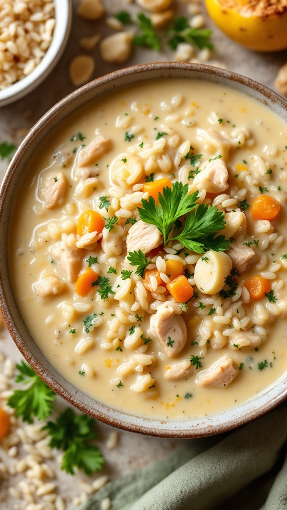 Bowl of creamy chicken and wild rice soup with vegetables and herbs