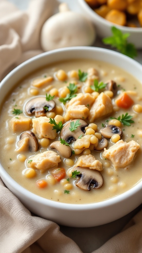 A bowl of creamy chicken barley mushroom soup garnished with parsley.