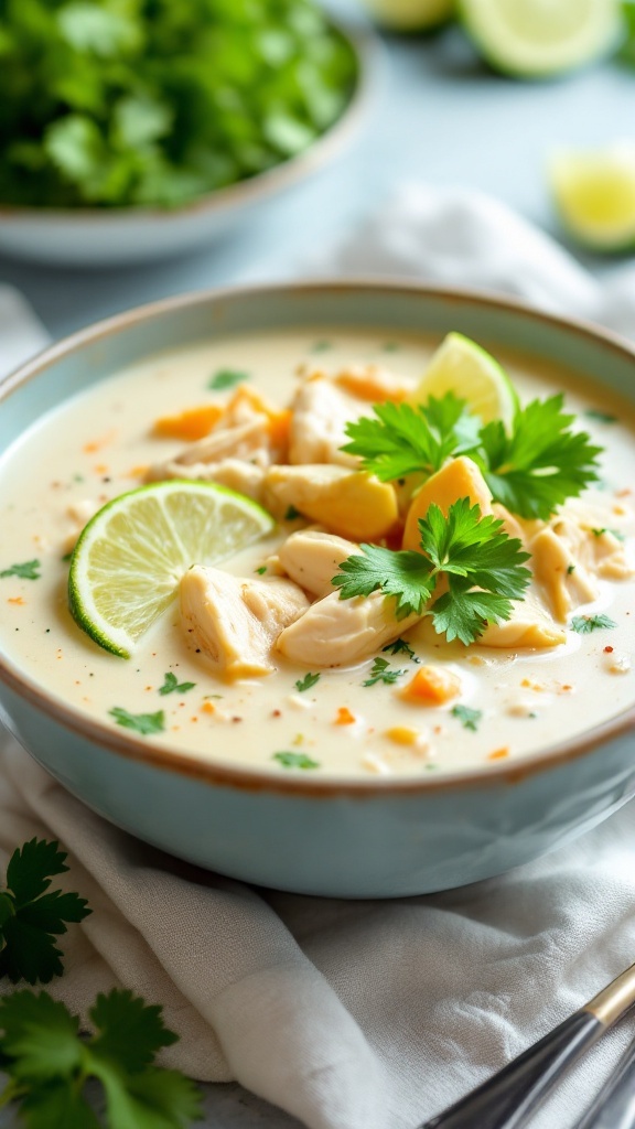 A bowl of creamy coconut chicken soup garnished with lime and cilantro.