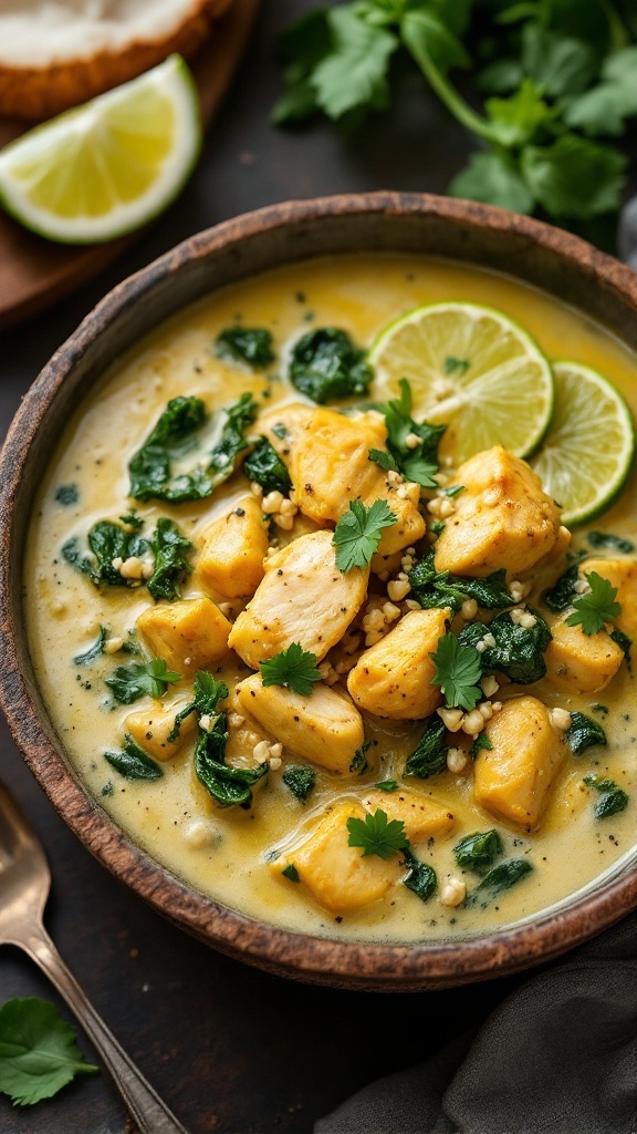 A bowl of creamy coconut curry with chicken and spinach, garnished with lime and cilantro.