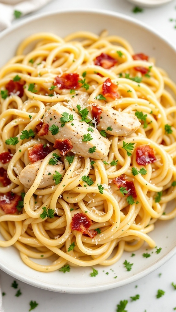 Creamy Garlic Chicken and Bacon Alfredo pasta dish