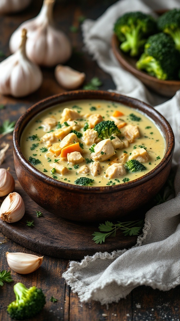 A bowl of creamy garlic chicken and broccoli soup garnished with parsley.