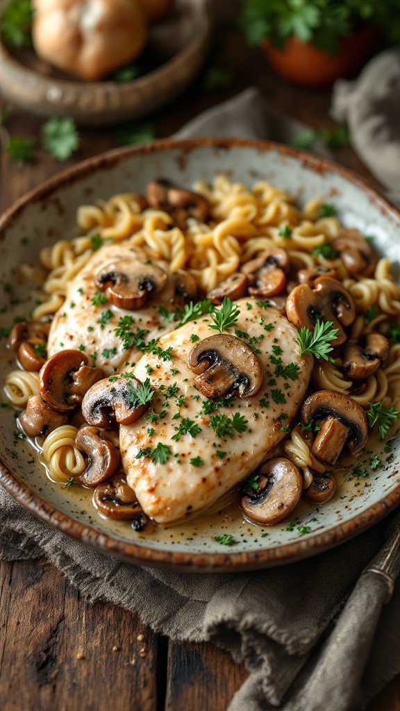 Creamy garlic chicken served with mushrooms and pasta