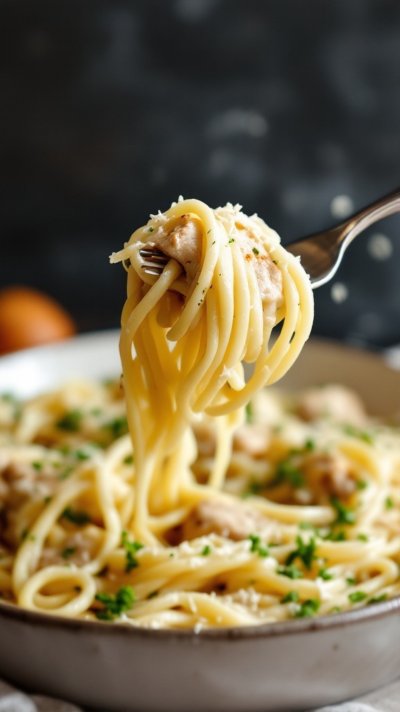 Creamy Garlic Chicken Pasta with parsley garnish