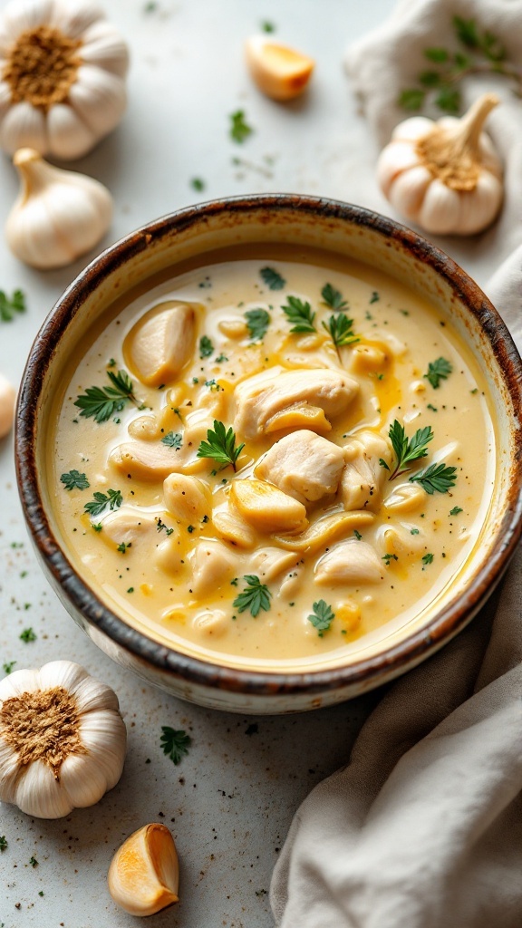 A bowl of creamy garlic chicken soup garnished with parsley.