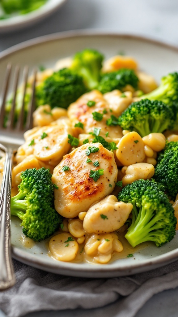 Creamy garlic chicken served with broccoli