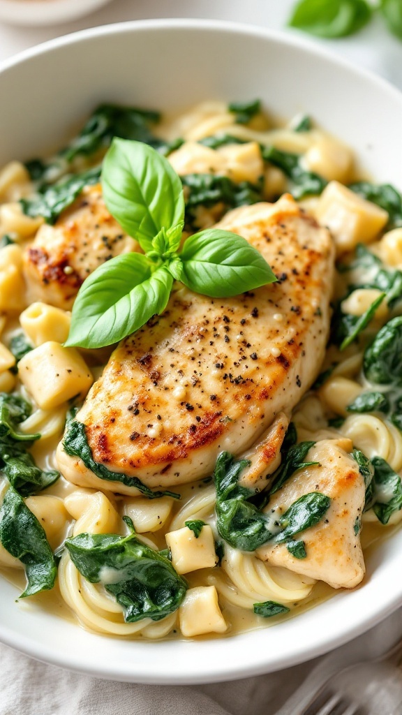 Creamy Garlic Chicken with Spinach dish garnished with basil