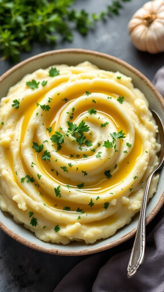 A bowl of creamy garlic mashed potatoes garnished with herbs.