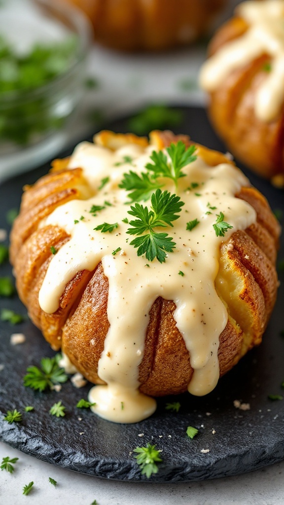 Creamy Garlic Parmesan Baked Potato with parsley garnish.