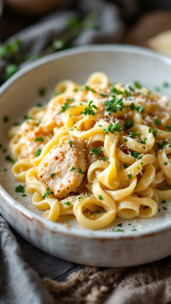 A bowl of creamy garlic parmesan chicken Alfredo pasta garnished with parsley.