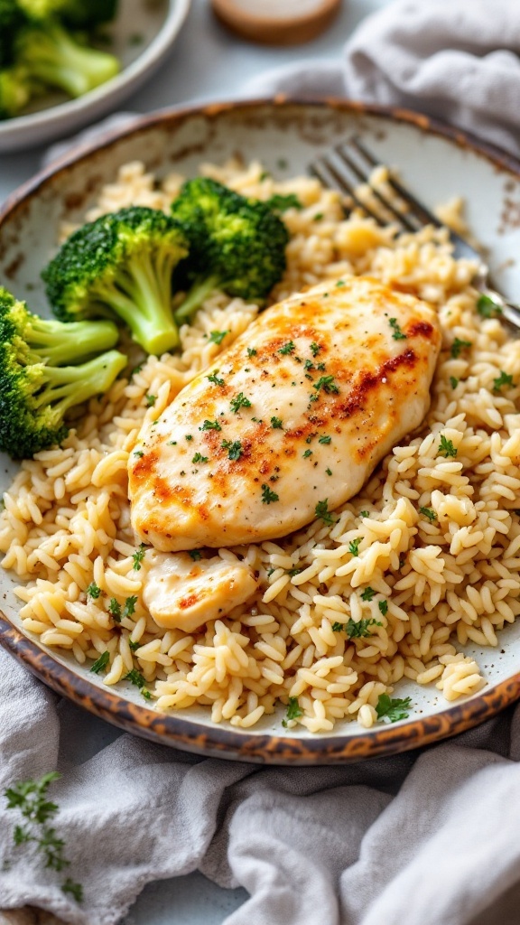 Creamy Garlic Parmesan Chicken and Rice served with broccoli