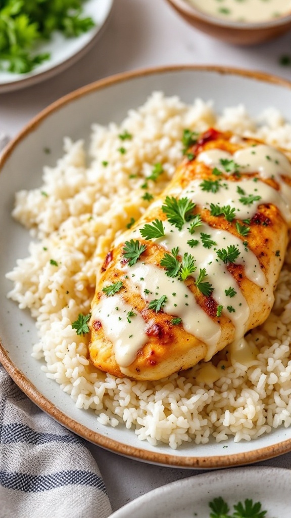 Creamy garlic parmesan chicken over rice with parsley garnish