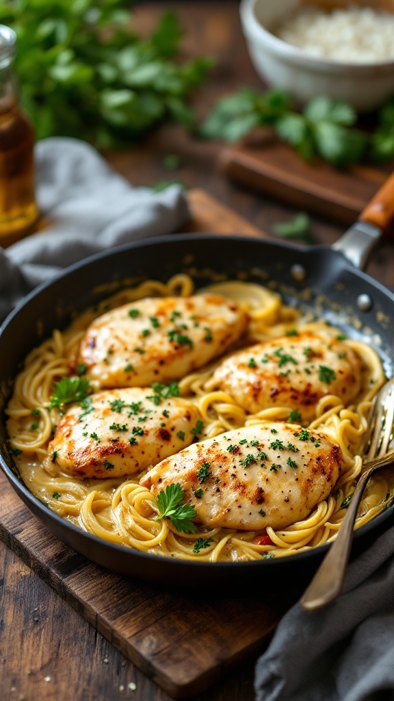 Creamy garlic parmesan chicken skillet with chicken breasts and pasta