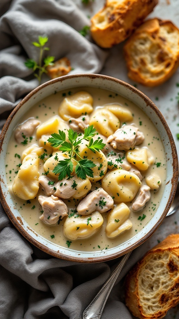 A bowl of creamy chicken and dumplings garnished with parsley