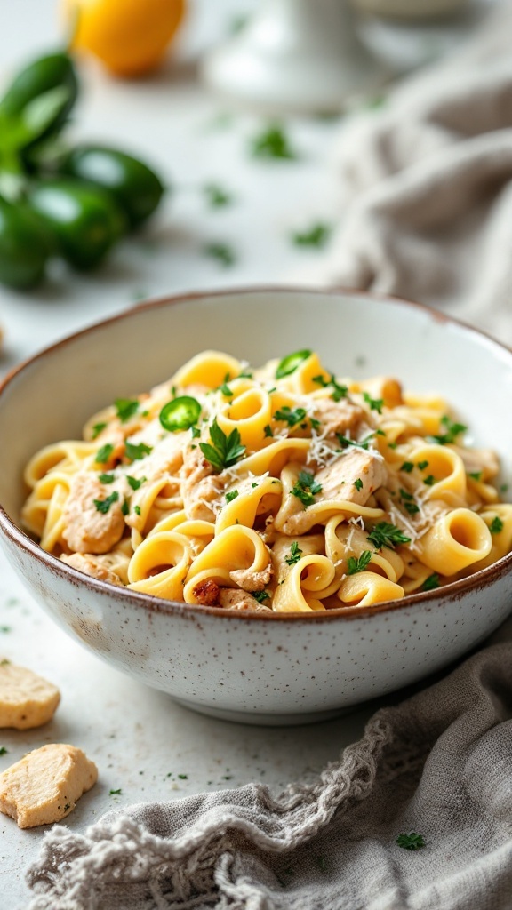 Creamy Jalapeno Chicken Pasta in a bowl, garnished with parsley.