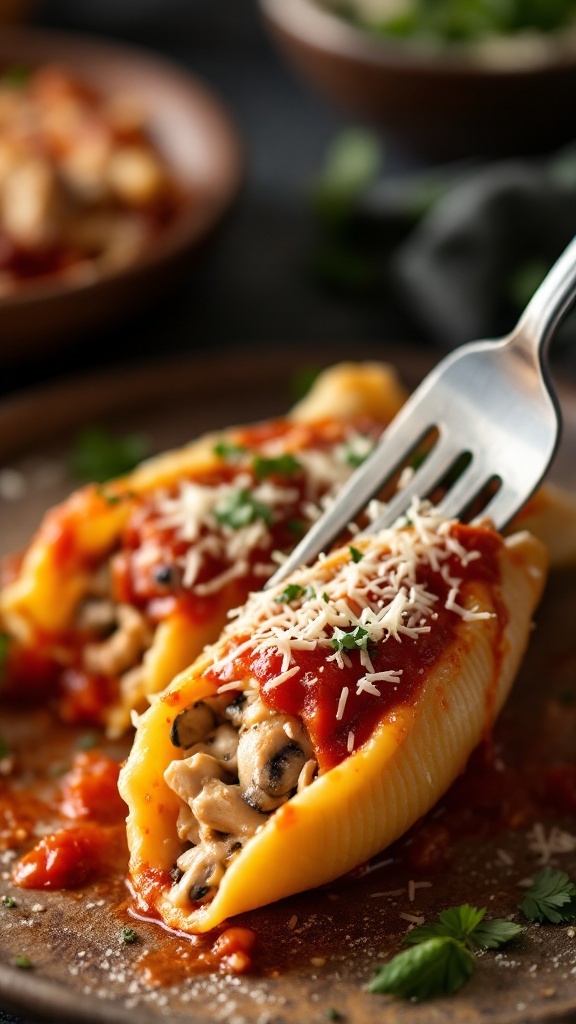 Creamy mushroom and chicken Alfredo stuffed shells with marinara sauce and cheese.