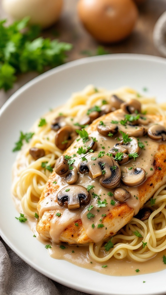 Creamy Mushroom Chicken served with pasta and garnished with parsley